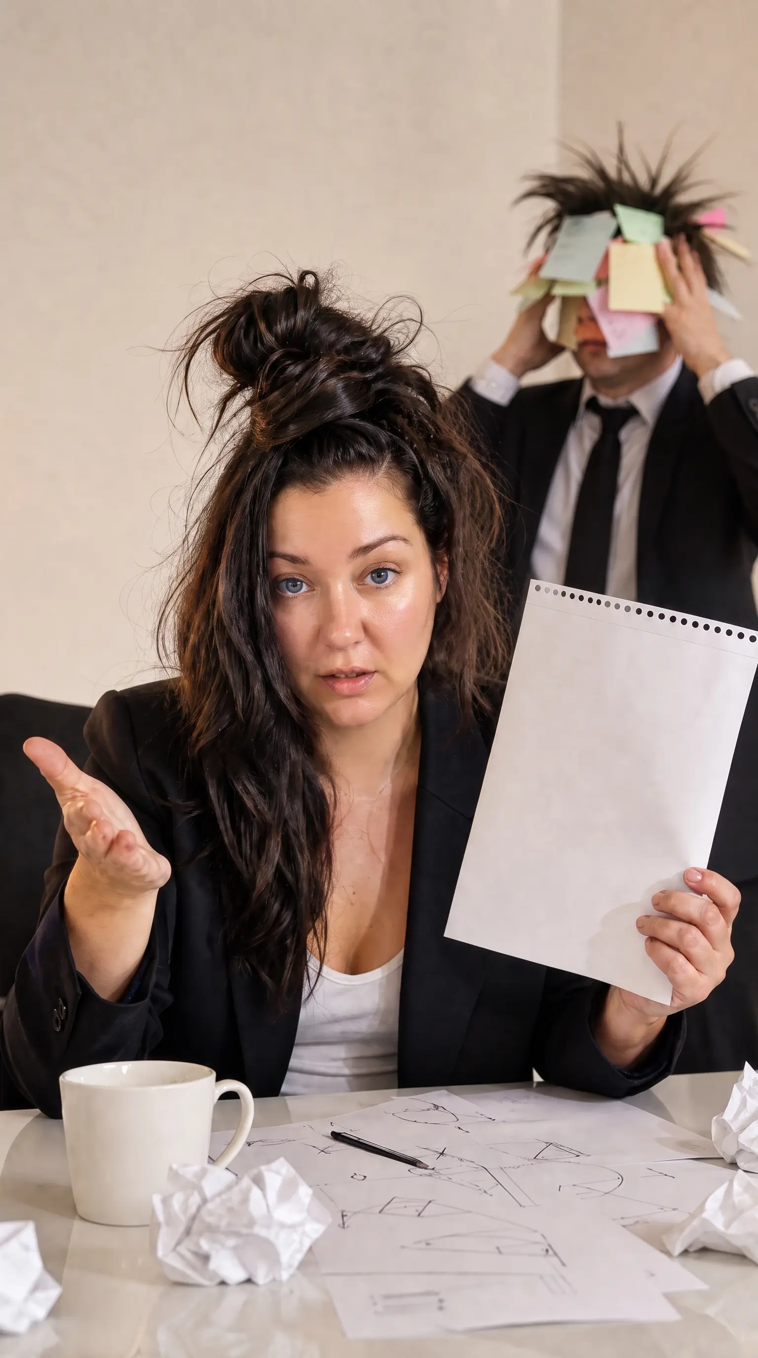 Presenting a blank pad in a meeting while a colleague hides behind sticky notes